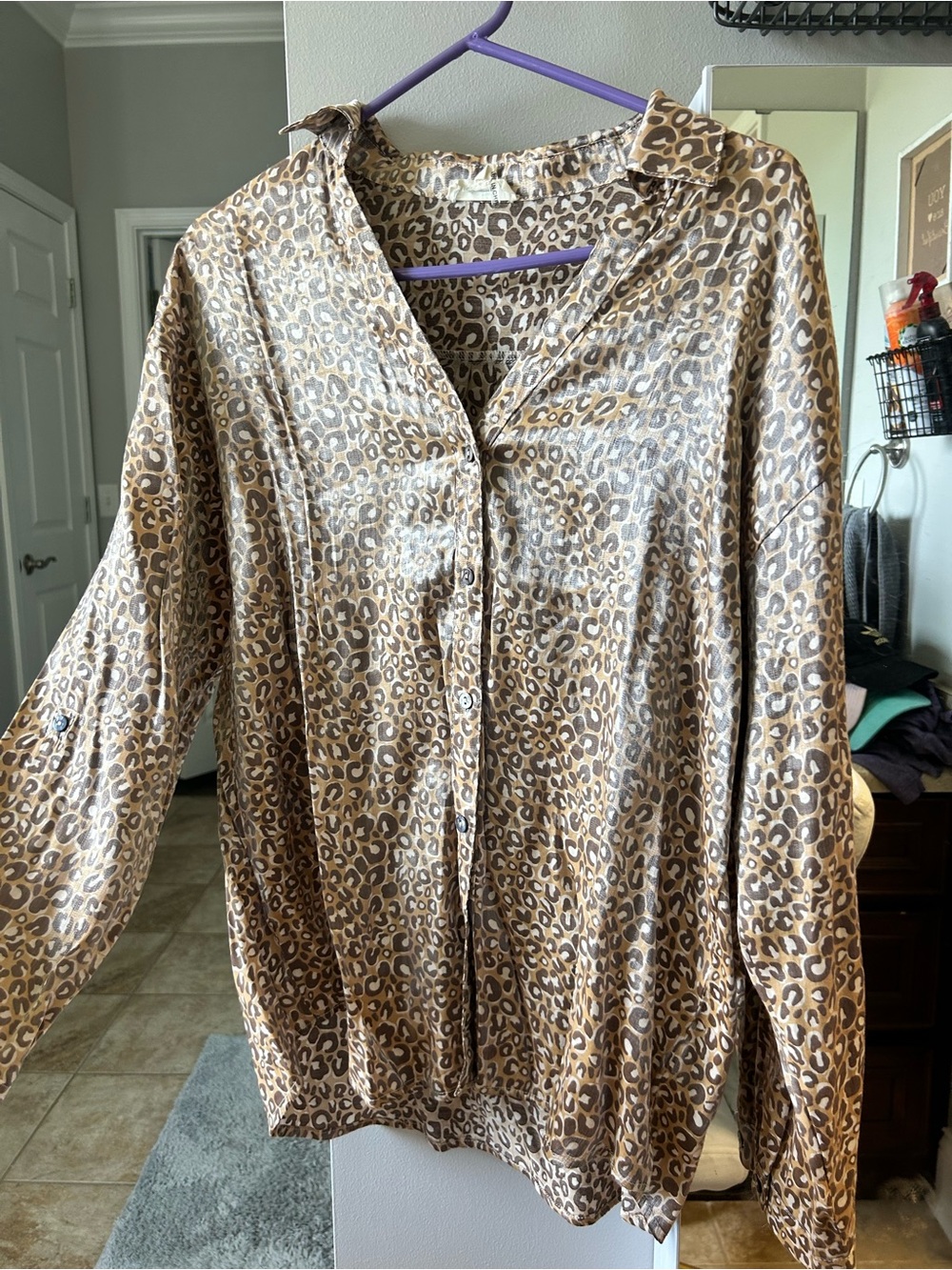 entro Leopard-Print Satin Blouse in Brown and Tan